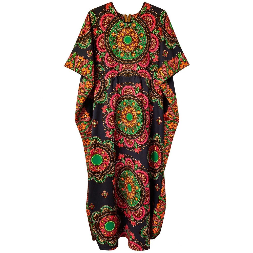 Vtg 1970s Medallion Dress Angel Sleeve Mrs Roper Caftan waist ties size OSFM